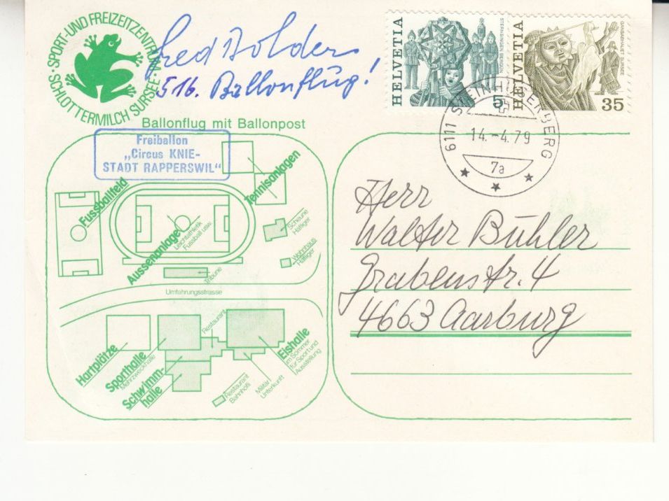 Alle Briefmarken: Ballonflug Schlottermilch Sursee, Fred Dolder 1979 – Gebraucht aus Bürglen TG von StampGraf 1