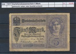 1917 DR, "5 Mark Darlehnskassenschein Berlin". gebraucht