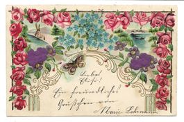 Samt- und Seiden-Applikation Rosen Schmetterling Präge-Litho