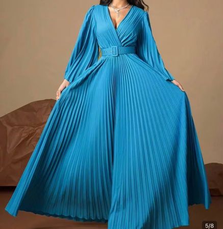 Blue Pleated Maxi Dress V-Neck Belted Size xL