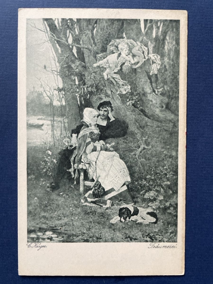 Cartoline postali: Alte Ansichtskarte "Träumerei" C.Karger, Putti, Hund, Top – Usato da Neuhausen am Rheinfall venduto da Arielle55