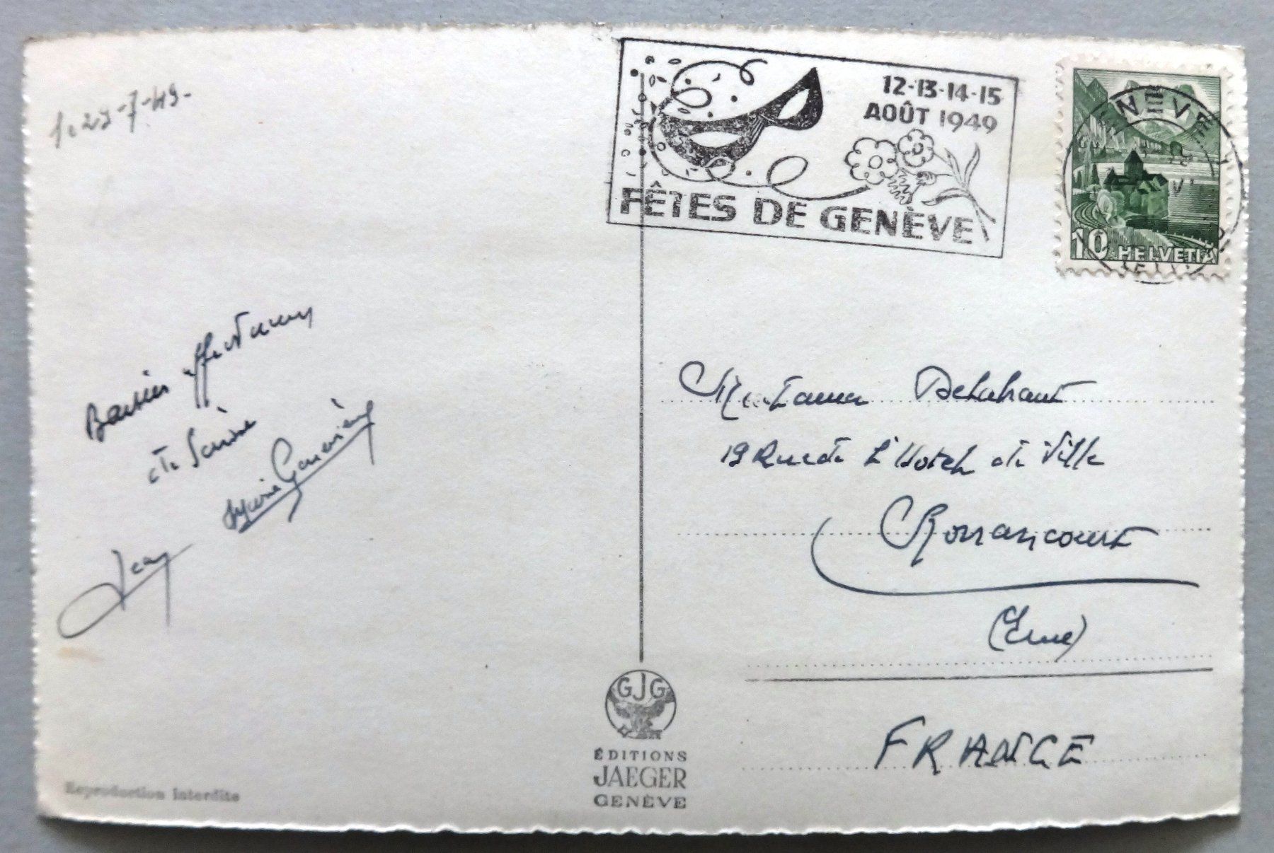 Ansichtskarten: Genève vu de "Beau-Cèdre" Cologny – Gebraucht aus Fétigny von Billy2miny 1