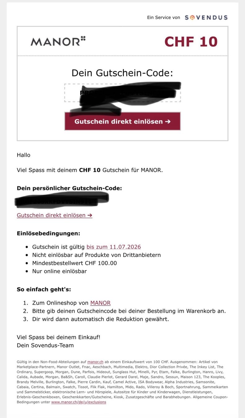 Buoni: MANOR Rabattcode 10.- (bis 11.7.2026) – Nuovo e nell'imballaggio originale da Glattpark(Opfikon) venduto da ste_n99y