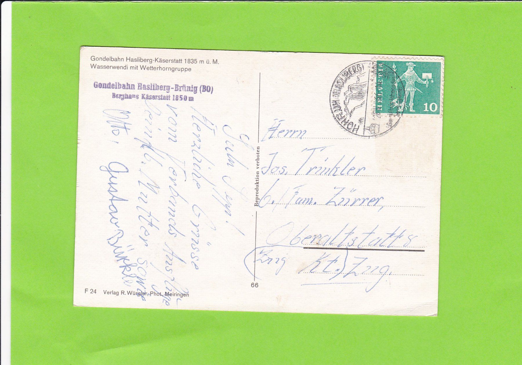 Cartoline postali: Gondelbahn Hasliberg-Käserstatt – Usato da St. Peterzell venduto da neckertal 1