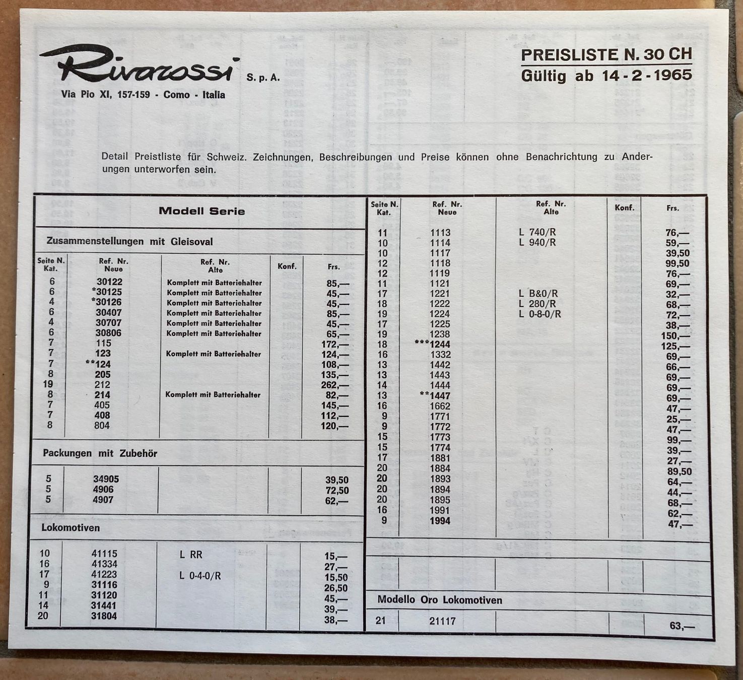 Rivarossi Trains électriques: Catalogue Rivarossi - 1965 – D'occasion à Versoix par HELVETICA_1 1