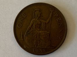 One Penny Münze King George VI von 1938