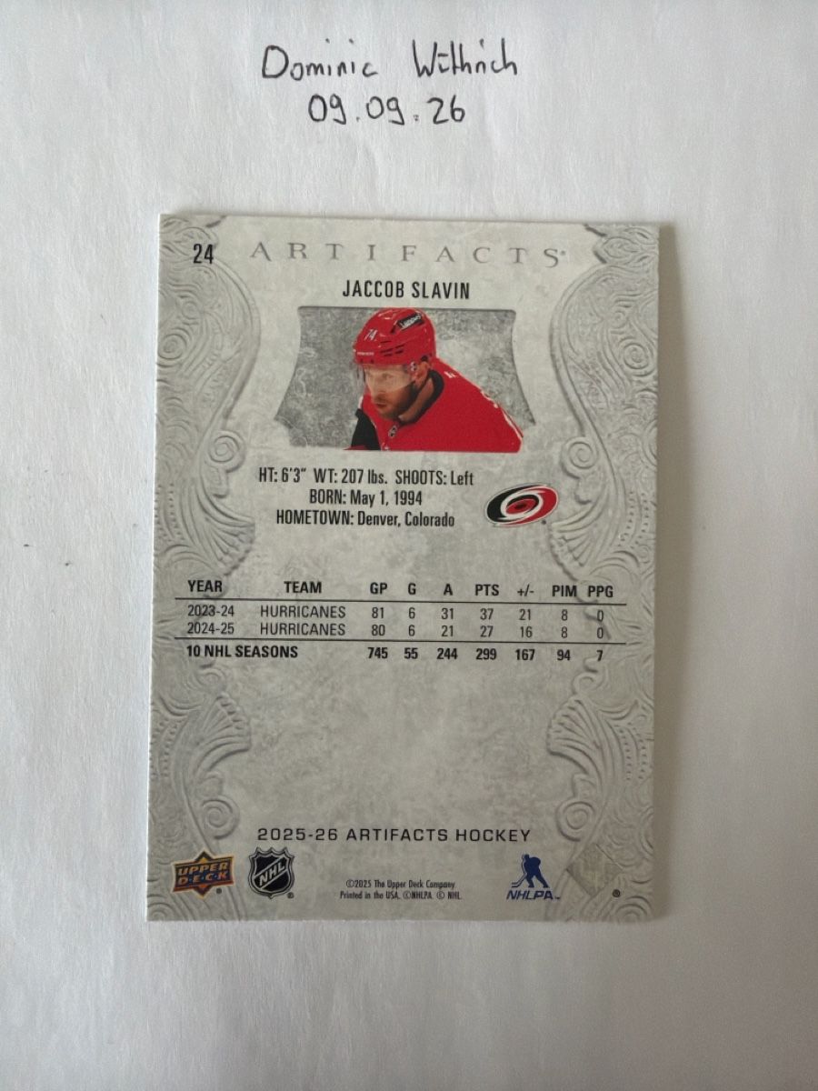 NHL Carte collezionabili: 2025-26 Upper Deck Artifacts Jaccob Slavin #24 – Nuovo (secondo la descrizione) da Düdingen venduto da doems72 1