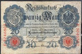 Reichsbanknote, 20 Mark, Jahr 1910, Rarität