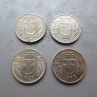 4 x 5 Schweizer Franken, Silber, 1935, 1940, 1966 und 1967