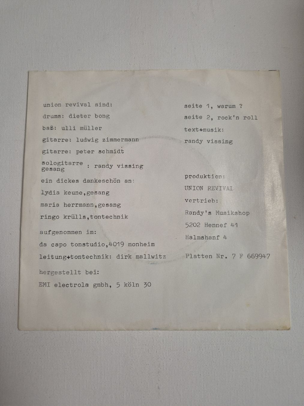Schallplatten: Union Revival  - Warum - Single 7  – Neu (gemäss Beschreibung) aus Uster von newwave0 1