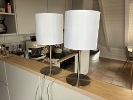 Two table lamps white shade copper interior set of two