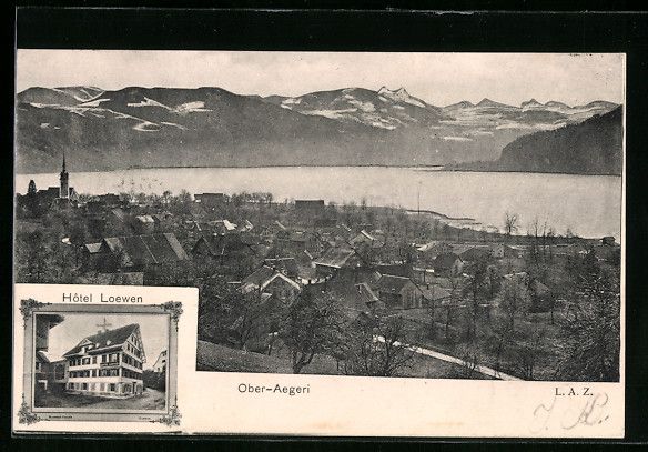 Cartoline postali: Ober-Aegeri, Ortsansicht mit Alpenkuliss – Usato da Berlin venduto da bartko-reher