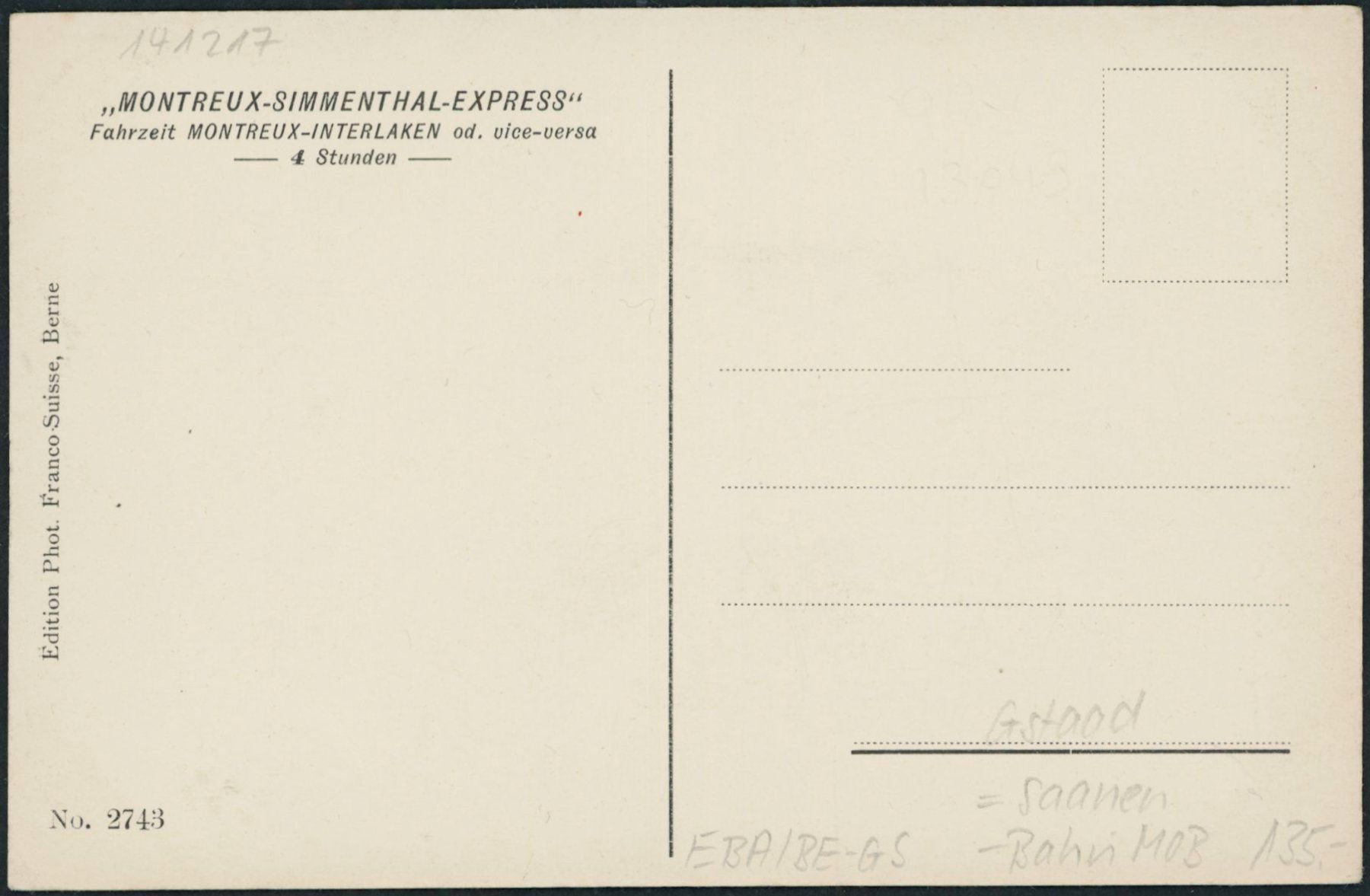 Cartoline postali: BE Gstaad - Bahn MOB - Saanen – Nuovo (secondo la descrizione) da Schindellegi venduto da Jonathan77 1