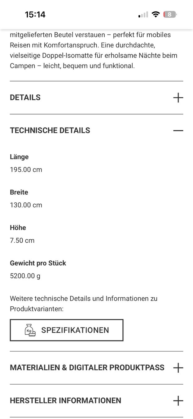 Outwell Materassi: Outwell Dreamcatcher Double 7.5cm -  Schlafmatte Camping – Usato da Adliswil venduto da Baski7 5