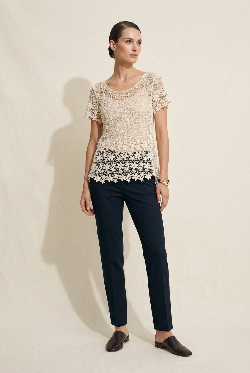 Top: Blouse Crochet Écru Manches Courtes T. L – Usato da Fribourg venduto da re-fine
