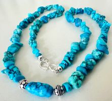 Boho Türkis Nugget Collier Silber 925 56cm Meeresblau