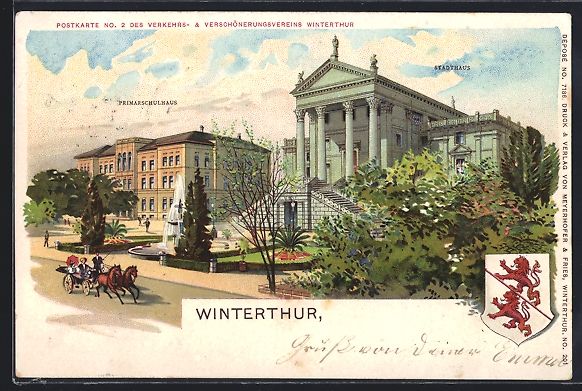 Ansichtskarten: Litho Winterthur, Primarschulhaus, Wappe – Gebraucht aus Berlin von bartko-reher