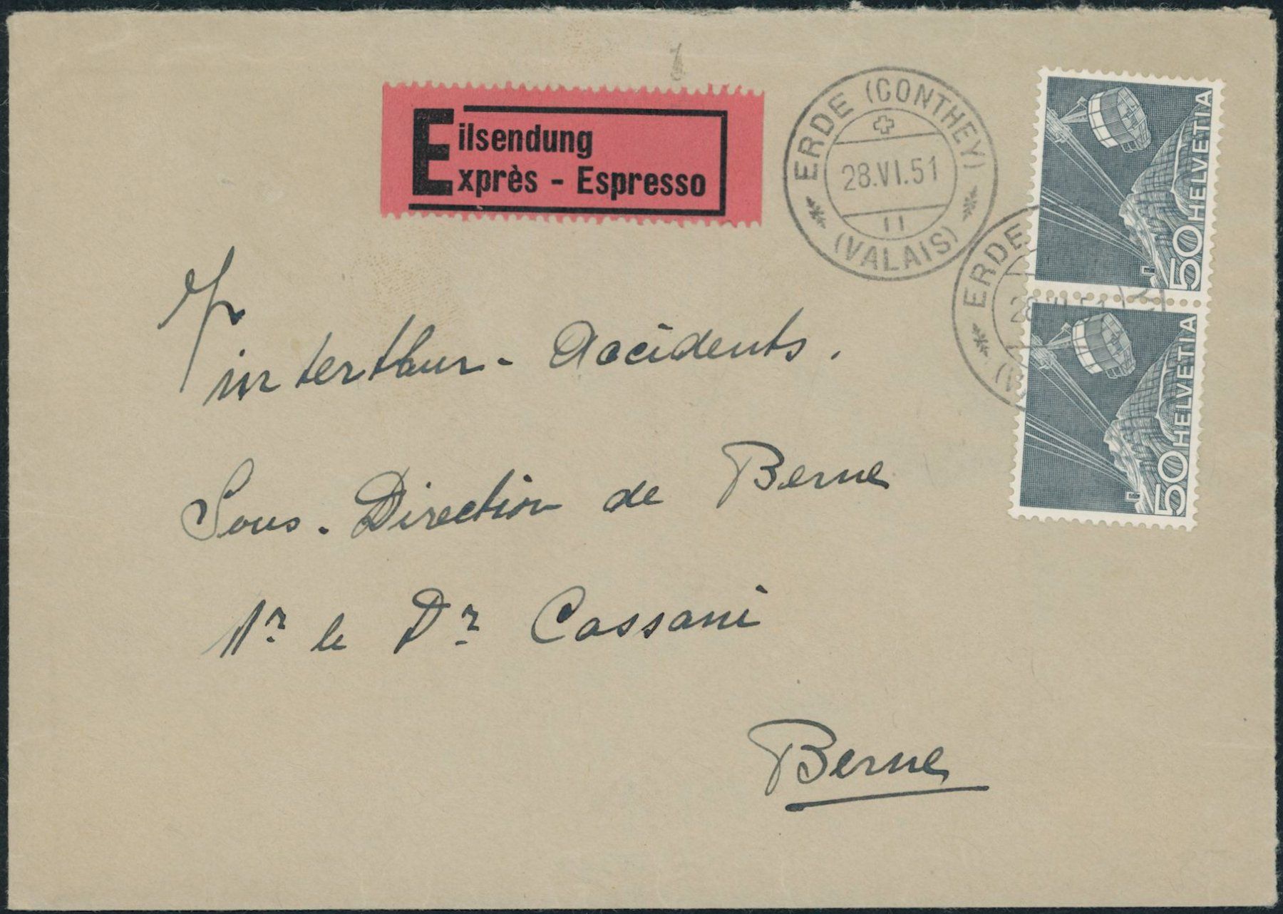 Alle Briefmarken: 1949 - Technik + Landschaft - Brief - MeF - Erde Conthey VS – Gebraucht aus Schindellegi von leecollect