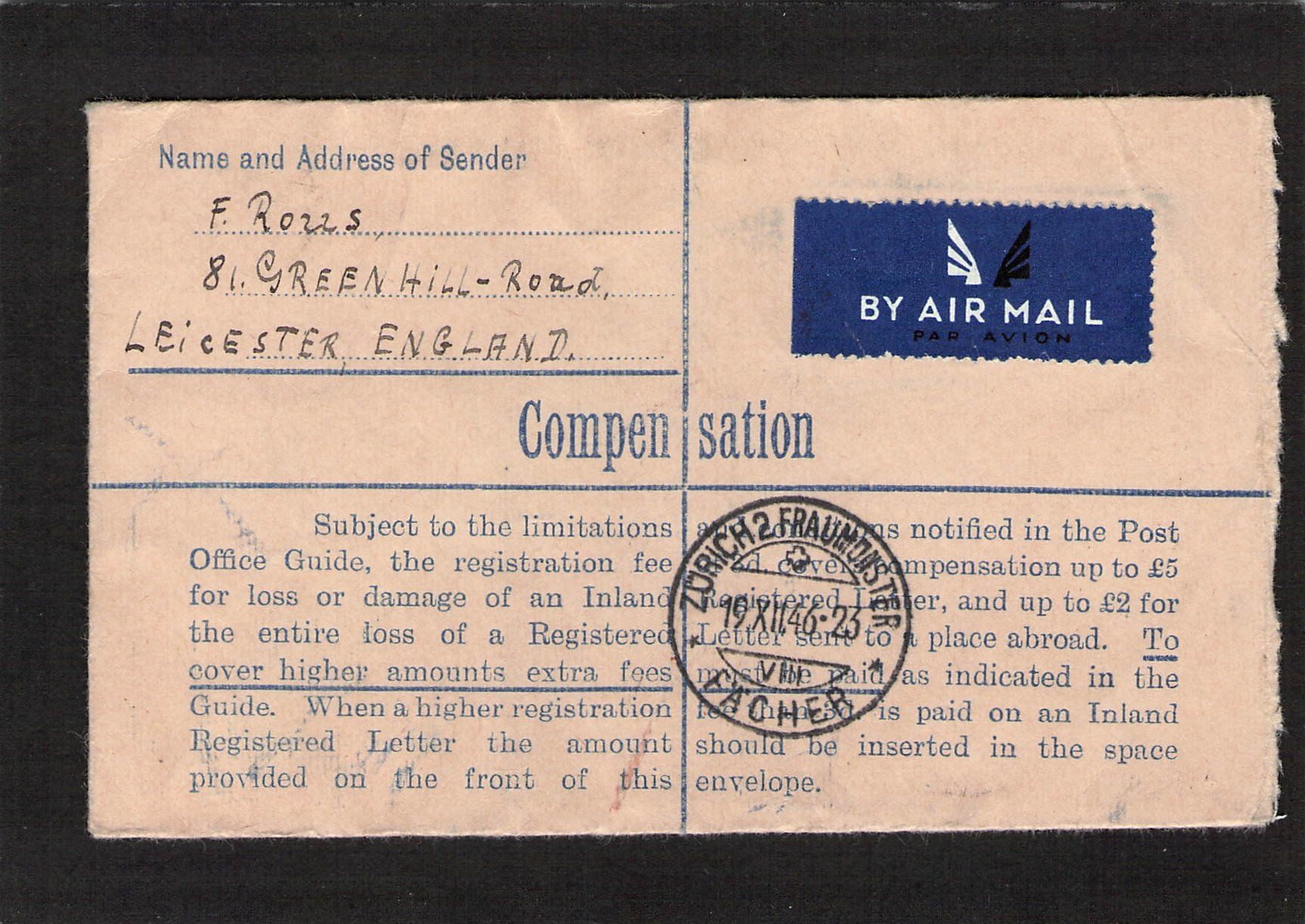 Tutti i francobolli: GS Registered Letter England , 18.Xll.1946 – Usato da Reichenburg venduto da Pipo-67 1