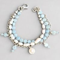 Aquamarin  Perlen  Armband Bracelet Unikat Silber 3 Reihen