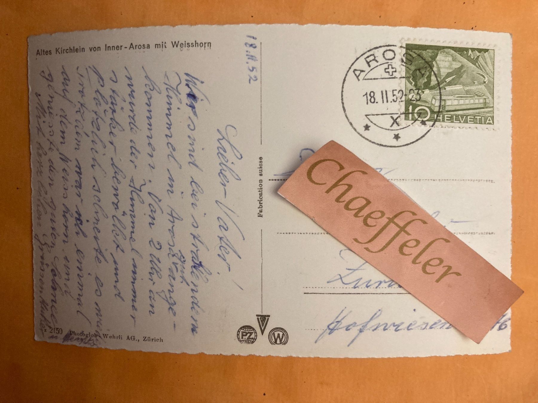 Cartoline postali: 1952 Altes Kirchlein von Inner-Arosa – Usato da Zürich venduto da Chaeffeler 1