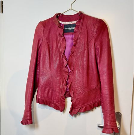 Leonardo Leather Jacket, Red Pink Ruffle Detail, Size 36