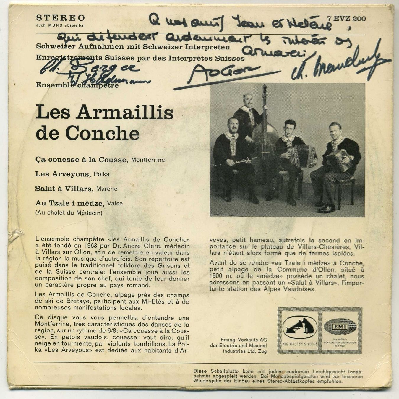 Dischi in vinile: Ensemble Champêtre Armaillis de Conche Vinyle avec Dédicace – Usato da Genève venduto da Cockattoo 1