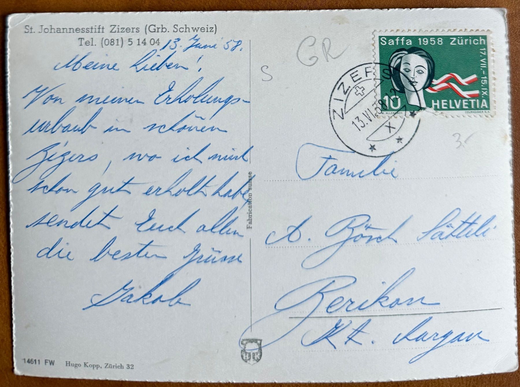 Cartoline postali: ZIZERS - St. Johannesstift  1958 – Usato da Lutry venduto da Ediego 1
