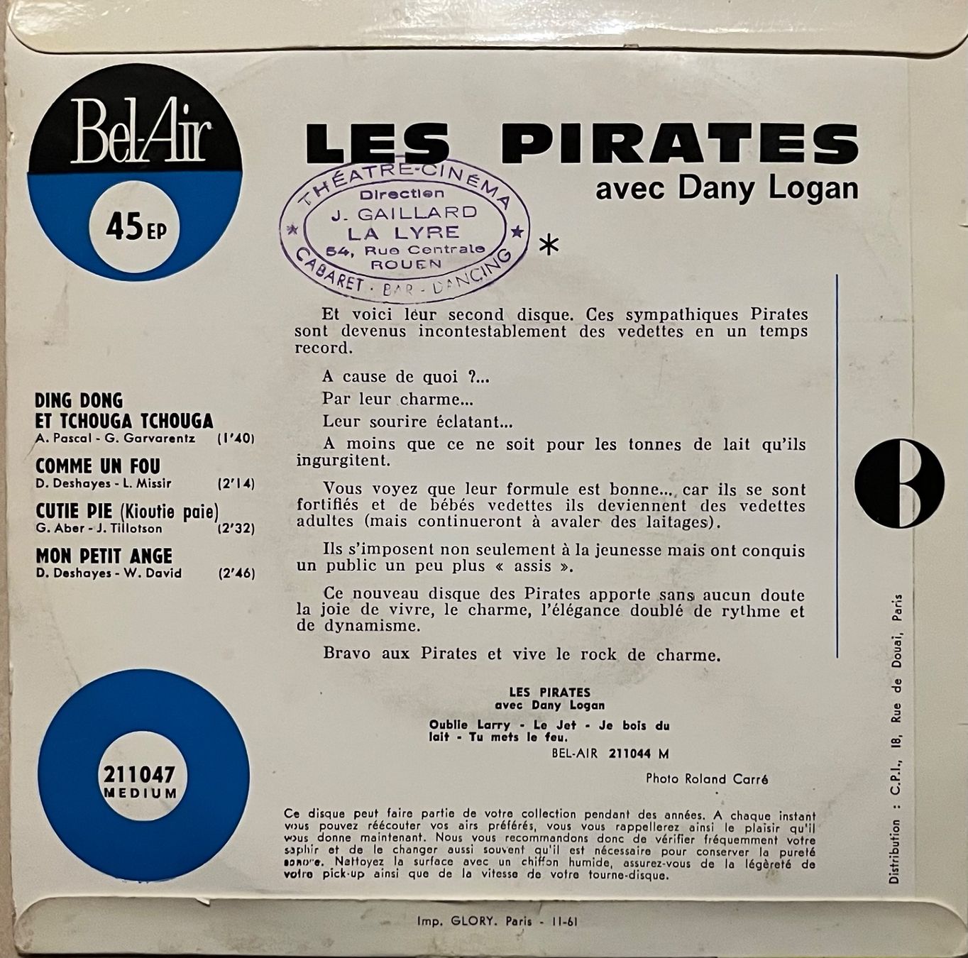 Dischi in vinile: LES PIRATES AVEC DANY LOGAN - CUTIE PIE – Usato da Bussigny venduto da vinyl-pas-cher 1