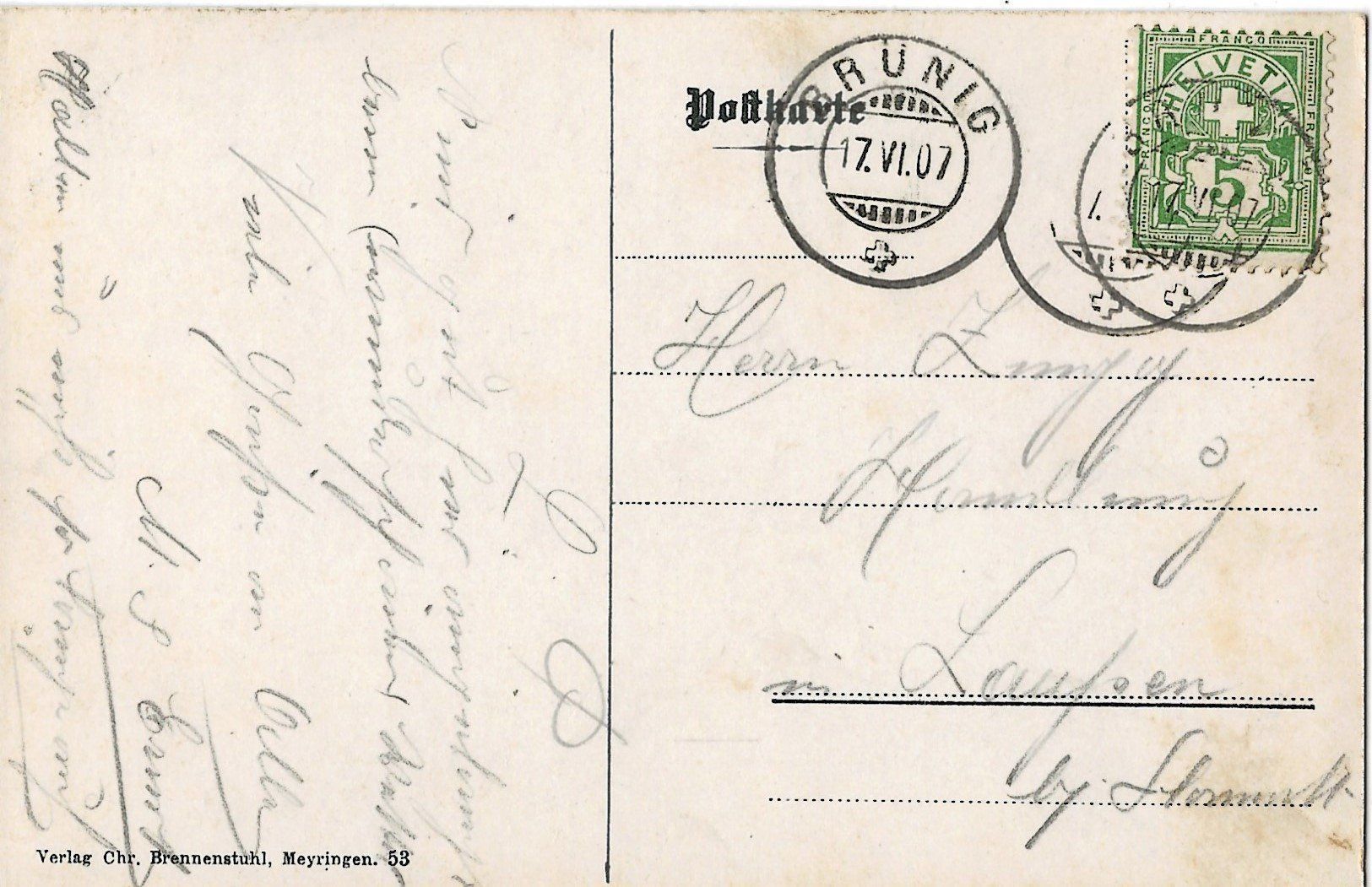 Cartoline postali: Brünig, Brünig-Bahn, 1907 – Usato da Frauenfeld venduto da Merk52 1
