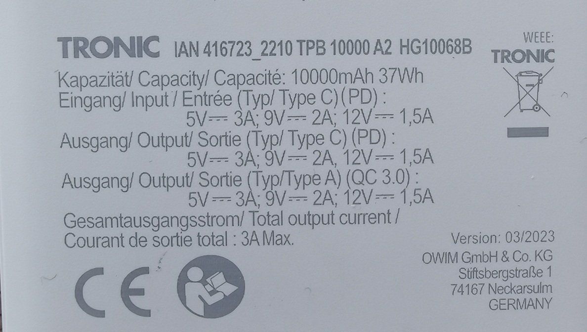 Batterie: Powerbank TPB 10000 A2 von Tronic – Usato da Wilen b. Wollerau venduto da morethanmusic 1