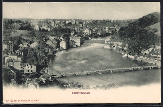 Cartoline postali: Schaffhausen, Ortsansicht mit Rheinbrüc – Usato da Berlin venduto da bartko-reher