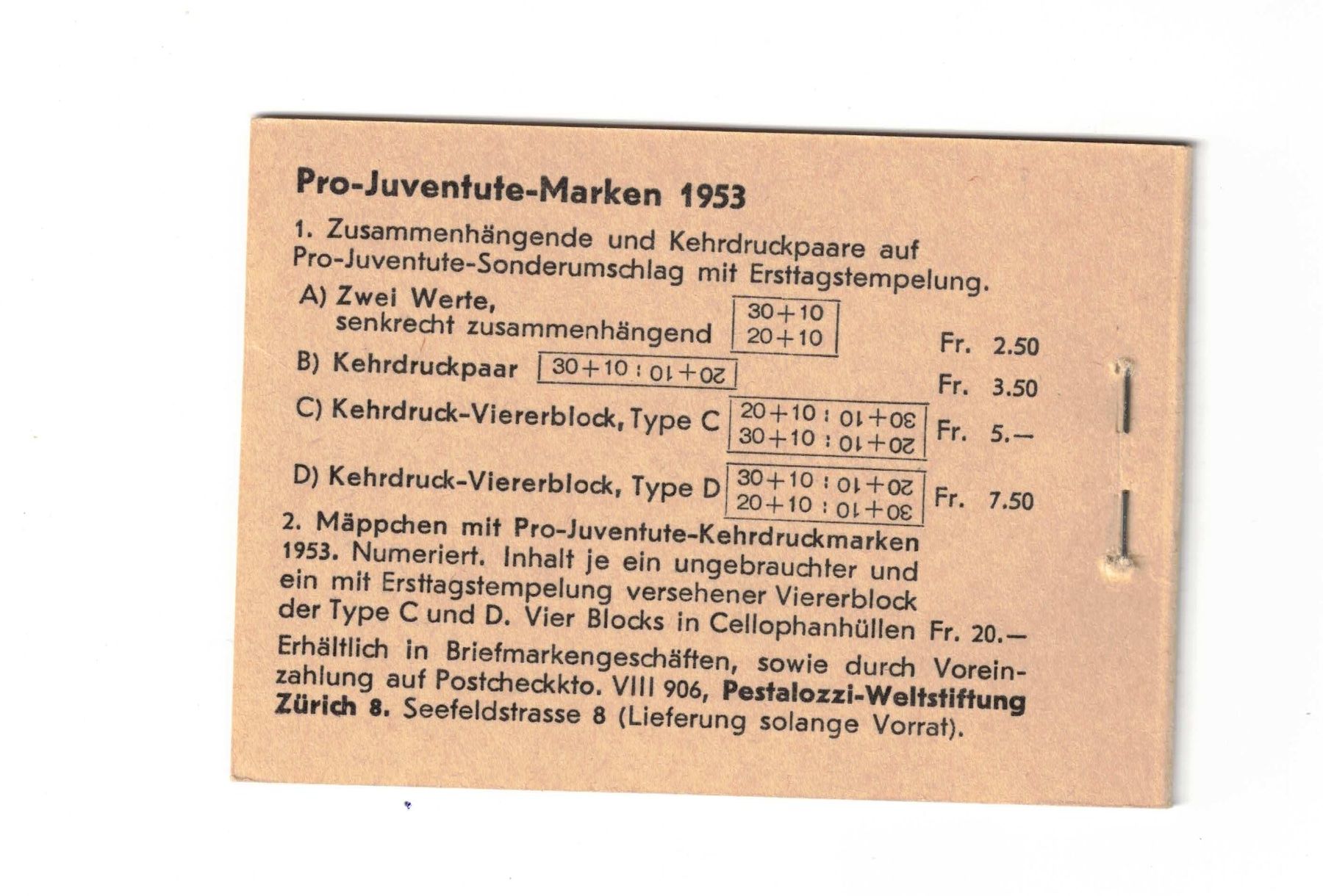 Alle Briefmarken: PJ 1953 Markenheftchen postfrisch – Gebraucht aus Bottmingen von Golferin 1