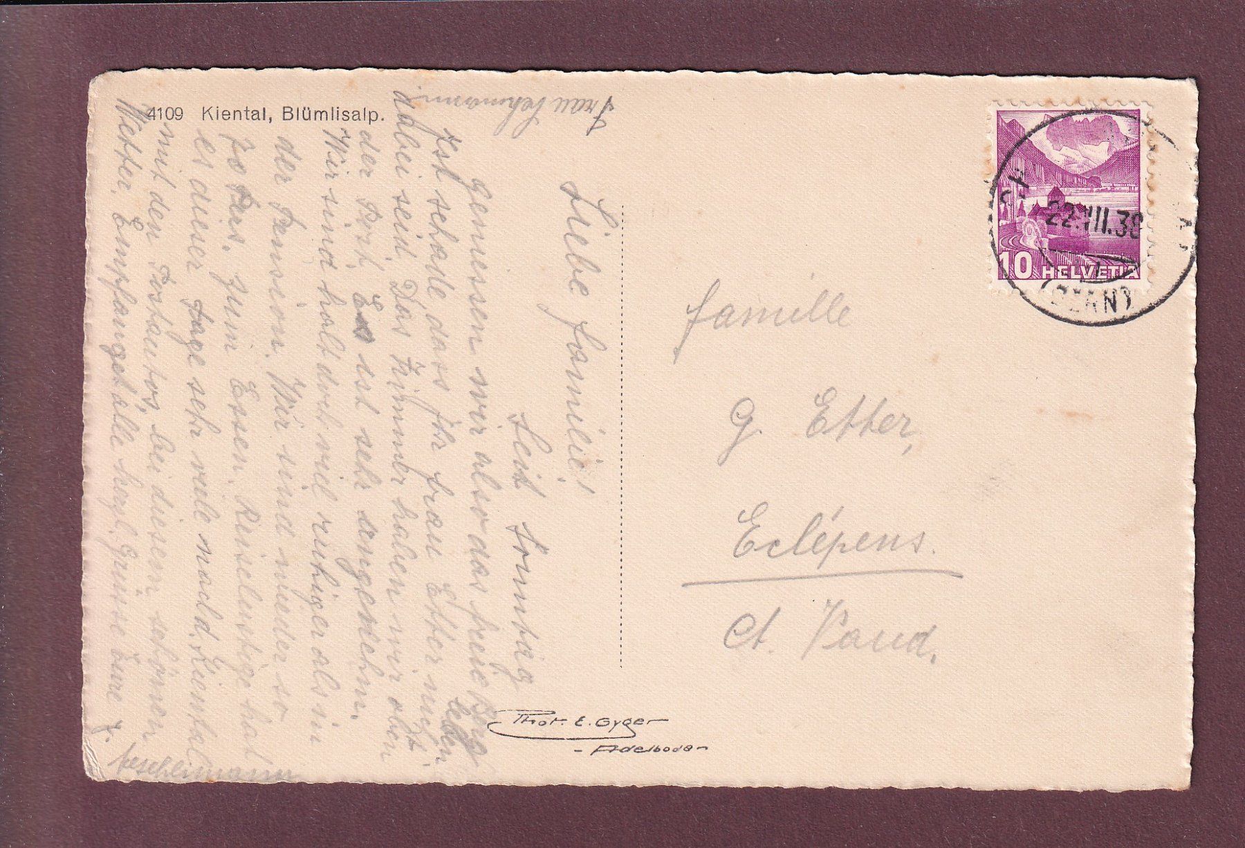 Ansichtskarten: KIENTAL - Blümlisalp - 1938 – Gebraucht aus Pully von nicecards 1