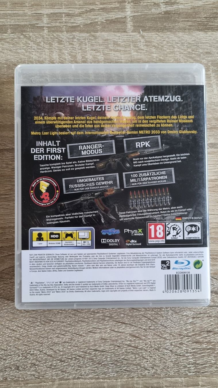 Giochi: Metro Last Light - First Edition PS3 – Usato da Hagenbuch ZH venduto da lecterr55 2