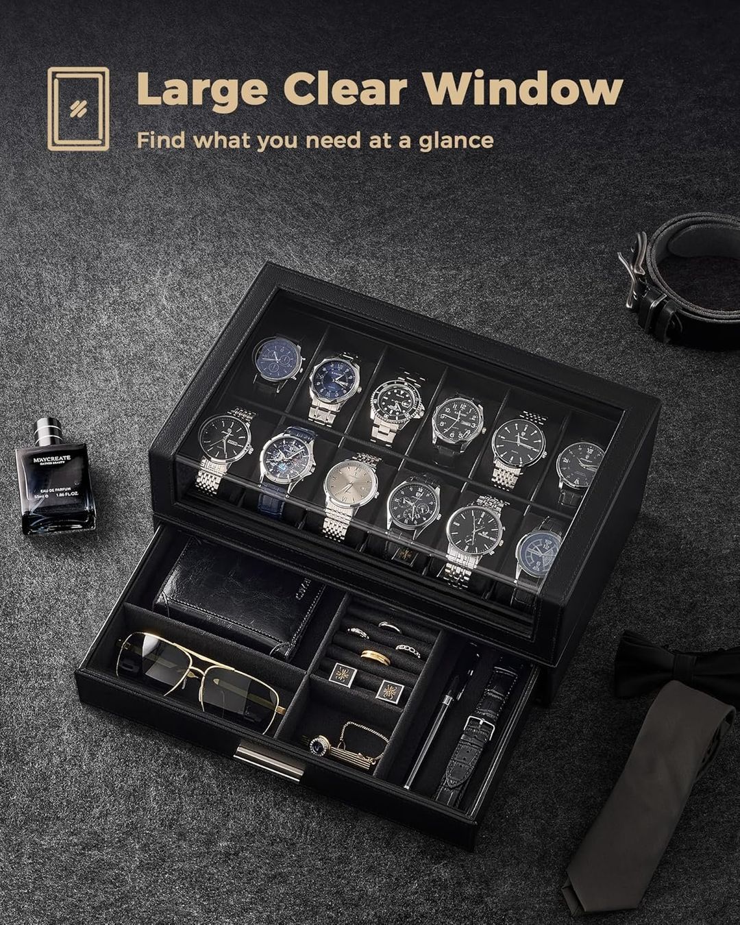 Scatole porta orologi: Uhrenbox 12 Fächer mit Schublade Glasdeckel schwarz – Nuovo e nell'imballaggio originale da Wittenbach venduto da SELVARO 3