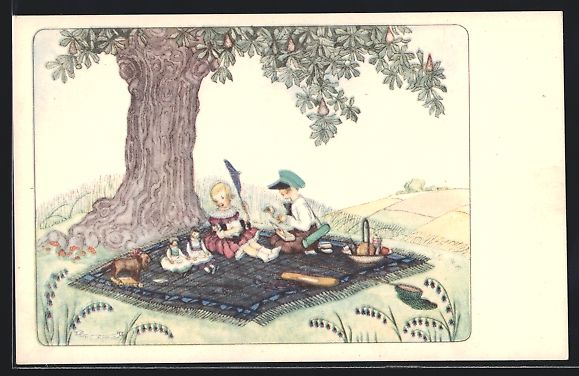 Cartoline postali: Mela Köhler: Kinder beim Picknick mit P – Usato da Berlin venduto da bartko-reher