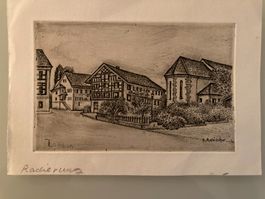 Radierung Zollikon von R. Aebischer, Original, guter Zustand