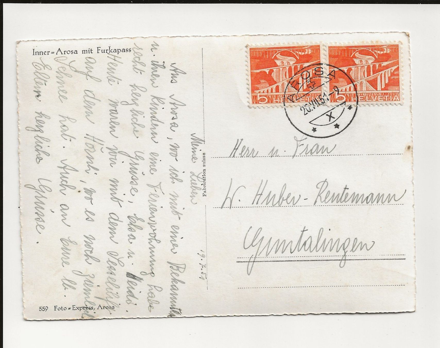 Cartoline postali: AK 1951 Inner - Arosa mit Furkapass GR – Usato da Greifensee venduto da 315WDO 1