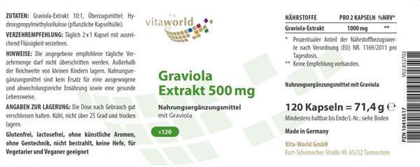 Alimentazione, Vitamine & Minerali: Graviola Extrakt 500mg 120 Kapseln – Nuovo e nell'imballaggio originale da Tiefenbach venduto da nhp-bedarf 1