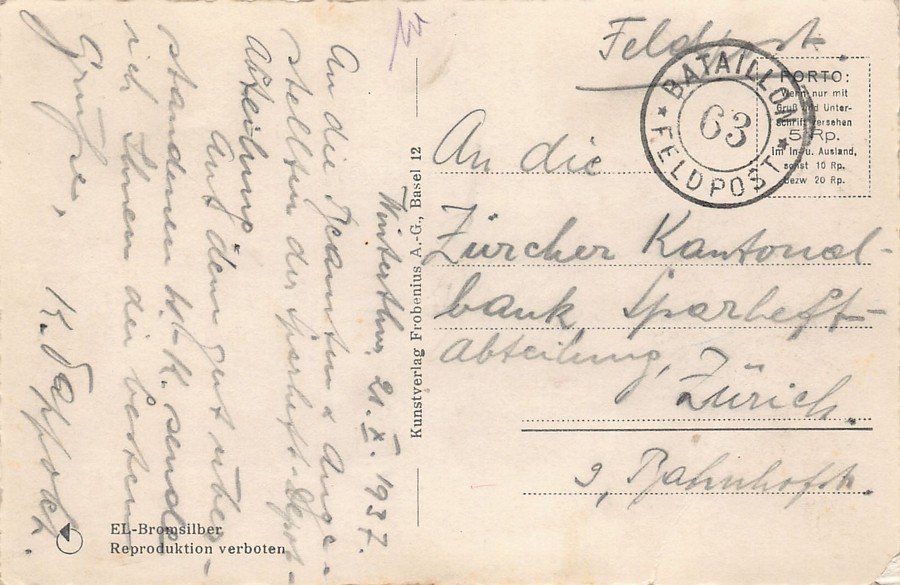 Cartes postales: Winterthur, Kaserne, Feldpost 1937 BATAILLON 63 – D'occasion à Frauenfeld par POML 1