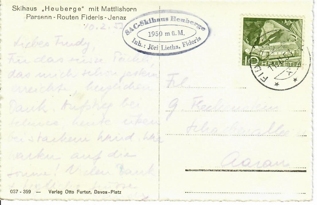 Cartoline postali: Skihaus Heuberge - Fideris Jenaz – Usato da Hochdorf venduto da Ziegel-16 1
