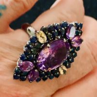 Rose de France Amethysts & Blue Sapphires Black 925SS Ring