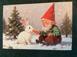AK Postkarte Hase Wichtel Zwerg Winter neu