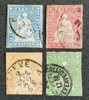 SWITZERLAND 1855–1859: «Strubeli», 4 timbres oblitérés