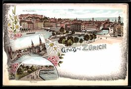 Lithographie Zürich, Ortsansicht mit Alpenquai, Polytechniku