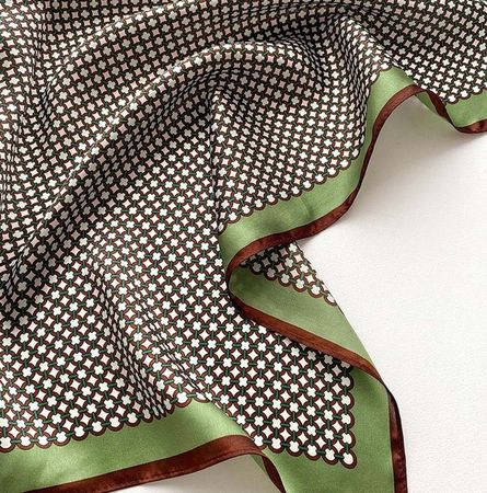 New 53cm Silk Scarf, Circle Ring Print Green Brown Scarf