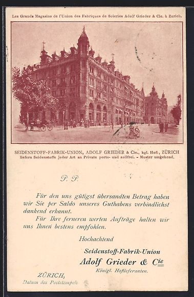 Ansichtskarten: Zürich, Geschäftshaus der Seidenstoff- – Gebraucht aus Berlin von bartko-reher