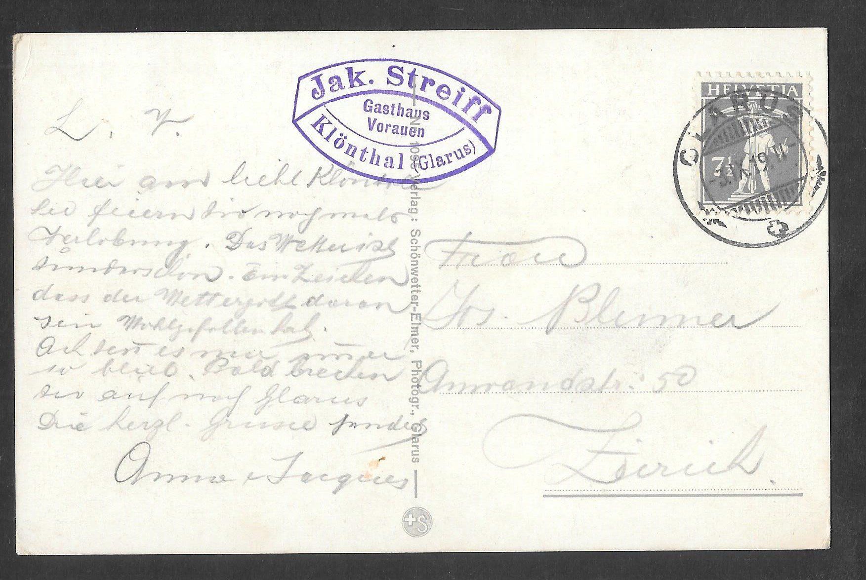 Cartoline postali: Klönthal Gasthaus Vorauen mit do. Stempel – Usato da Olten venduto da clotaldi 1