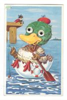 Punktlitho/Ente+Pfeife bim Fische/bewegbare Augen aufstehend